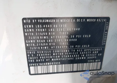 2024 Volkswagen Taos 1.5T Se из США, поврежденный, VIN 3VVEX7B26RM093935